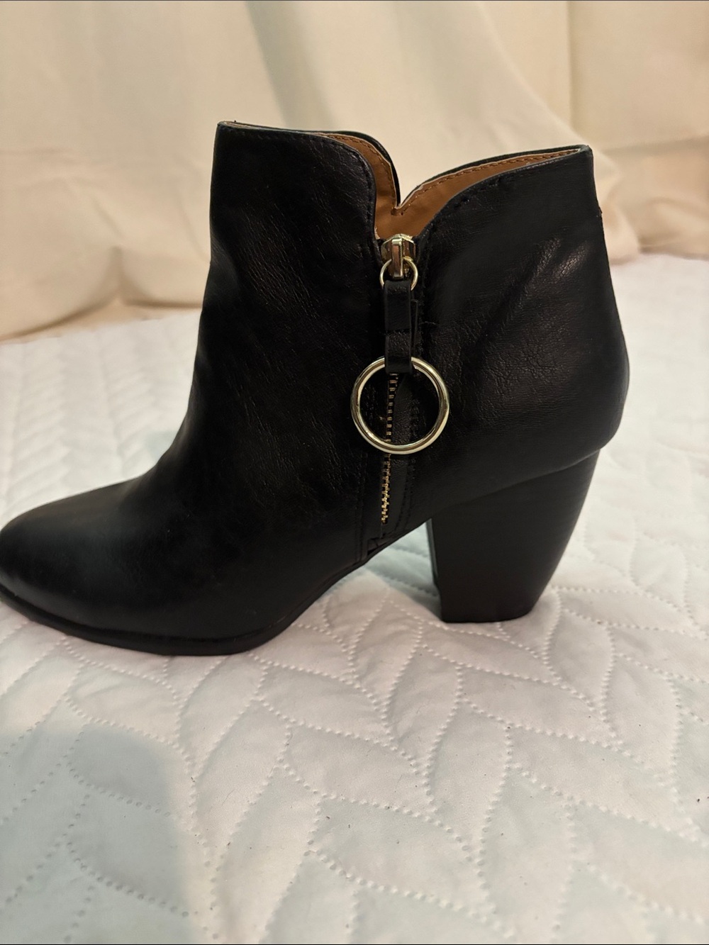 Cupid Black Leather Ankle Boots with Ring Zip Accent